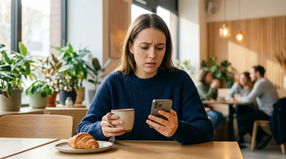 Personne inquiète vérifiant son téléphone dans un café, virement non reçu par le bénéficiaire
