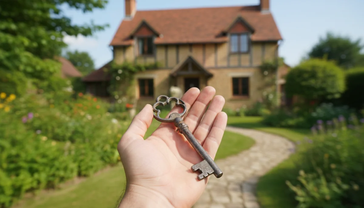 Clé de maison remise par un notaire, symbolisant la finalisation d'une succession.