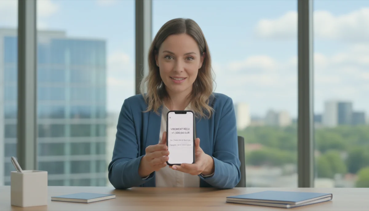 Notification de virement bancaire reçue sur smartphone, bureau lumineux, symbolisant la rapidité des transactions.
