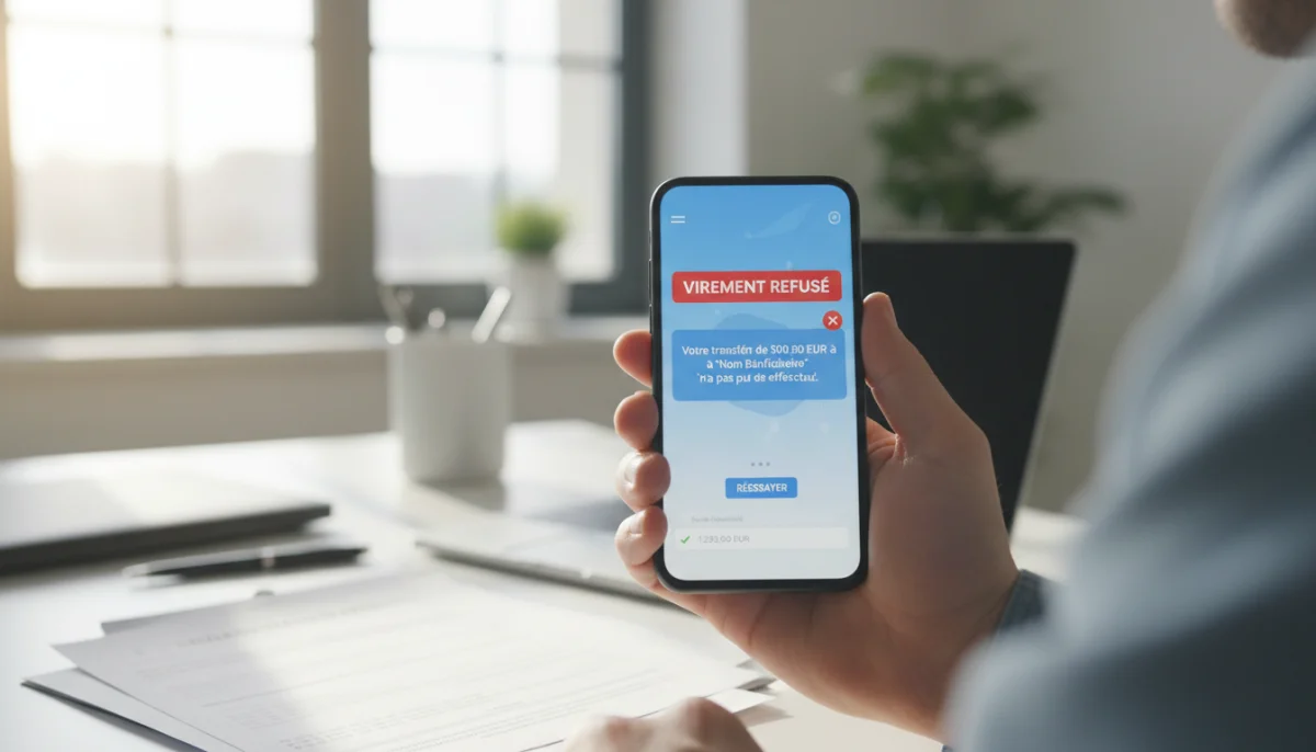 Smartphone affichant un virement rejeté, bureau moderne : délai retour virement rejeté