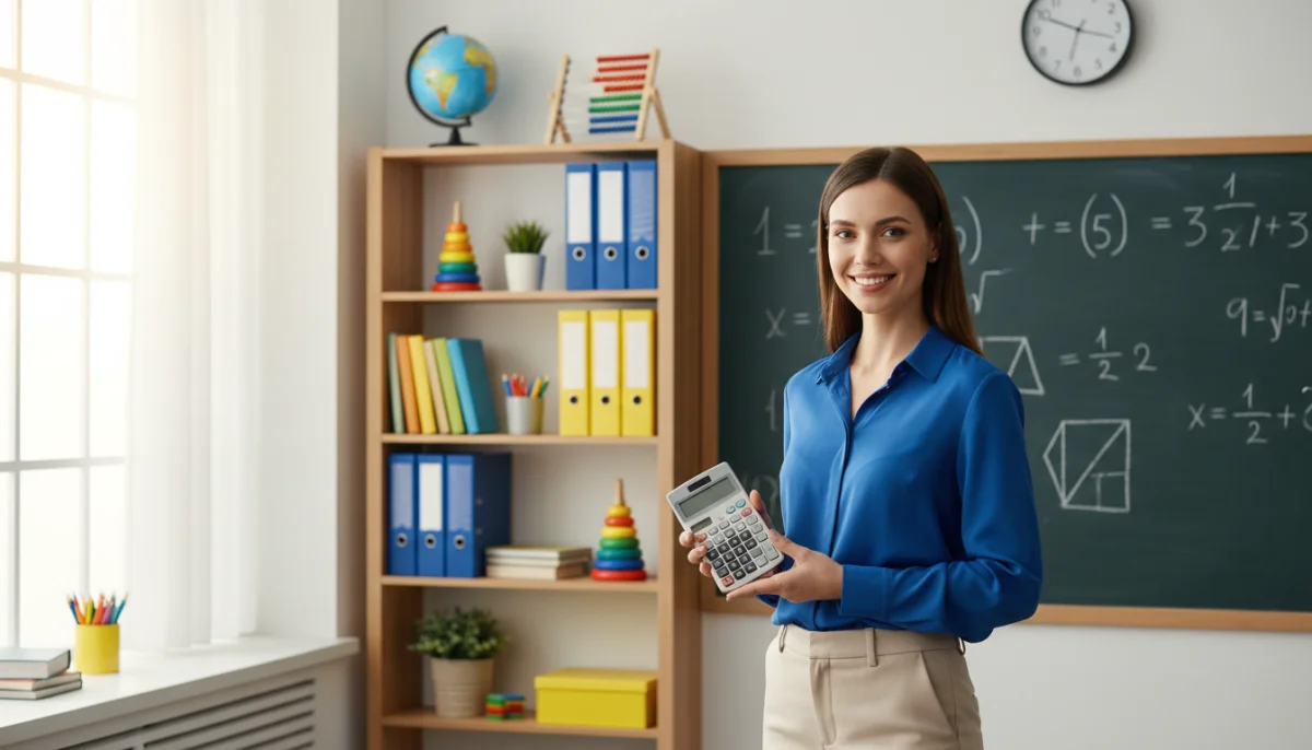 Enseignante souriante en classe avec calculatrice, symbolisant le virement salaire prof.