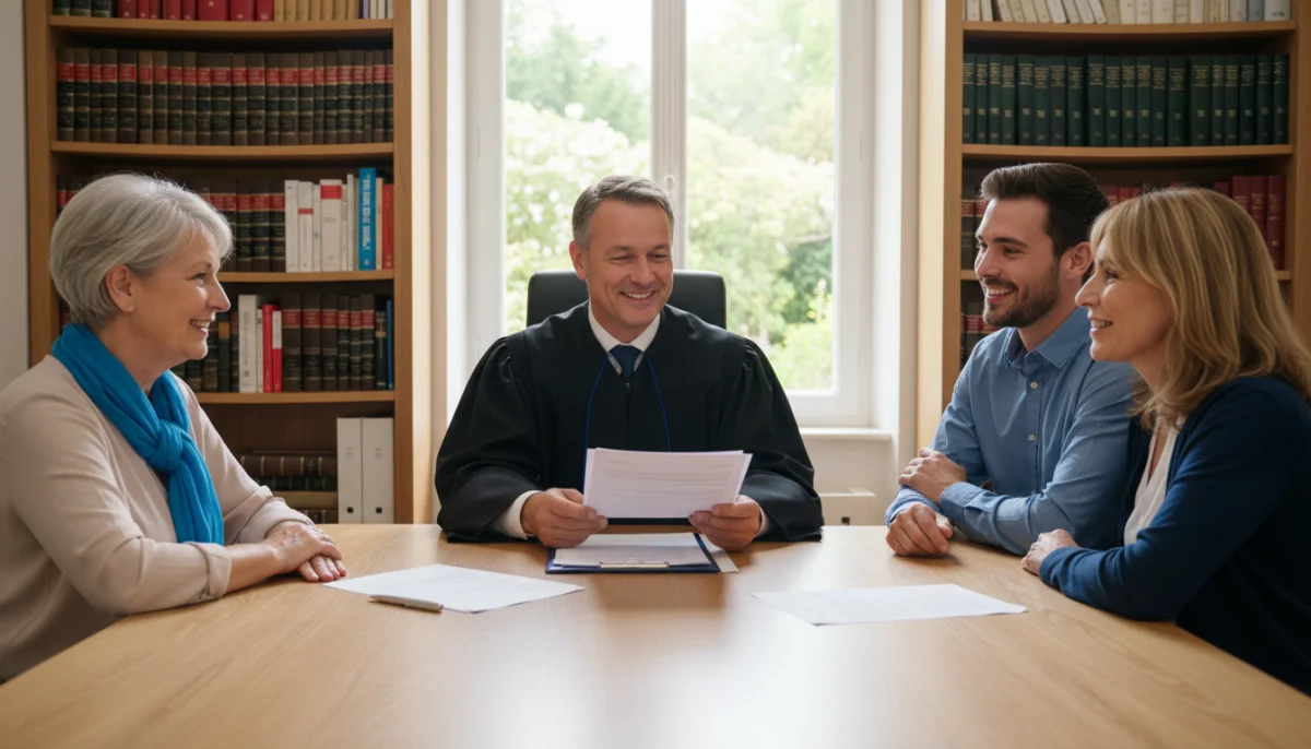 Notaire expliquant les délais de virement de succession aux héritiers rassurés dans un bureau moderne.