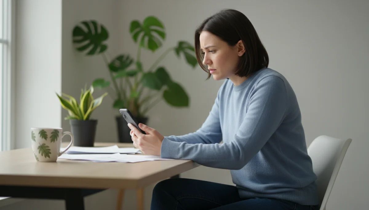 Personne soucieuse regardant son téléphone, s'interrogeant sur l'annulation d'un virement bancaire.