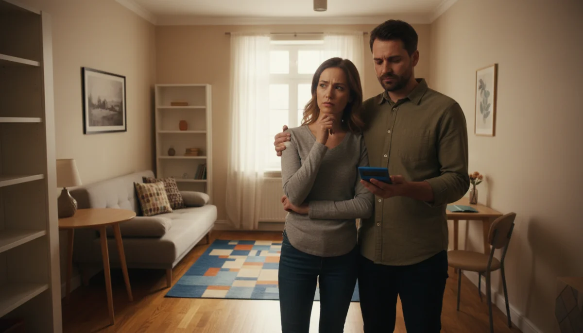 Couple réfléchissant à l'achat d'un studio avec une calculatrice, illustrant la capacité d'emprunt.