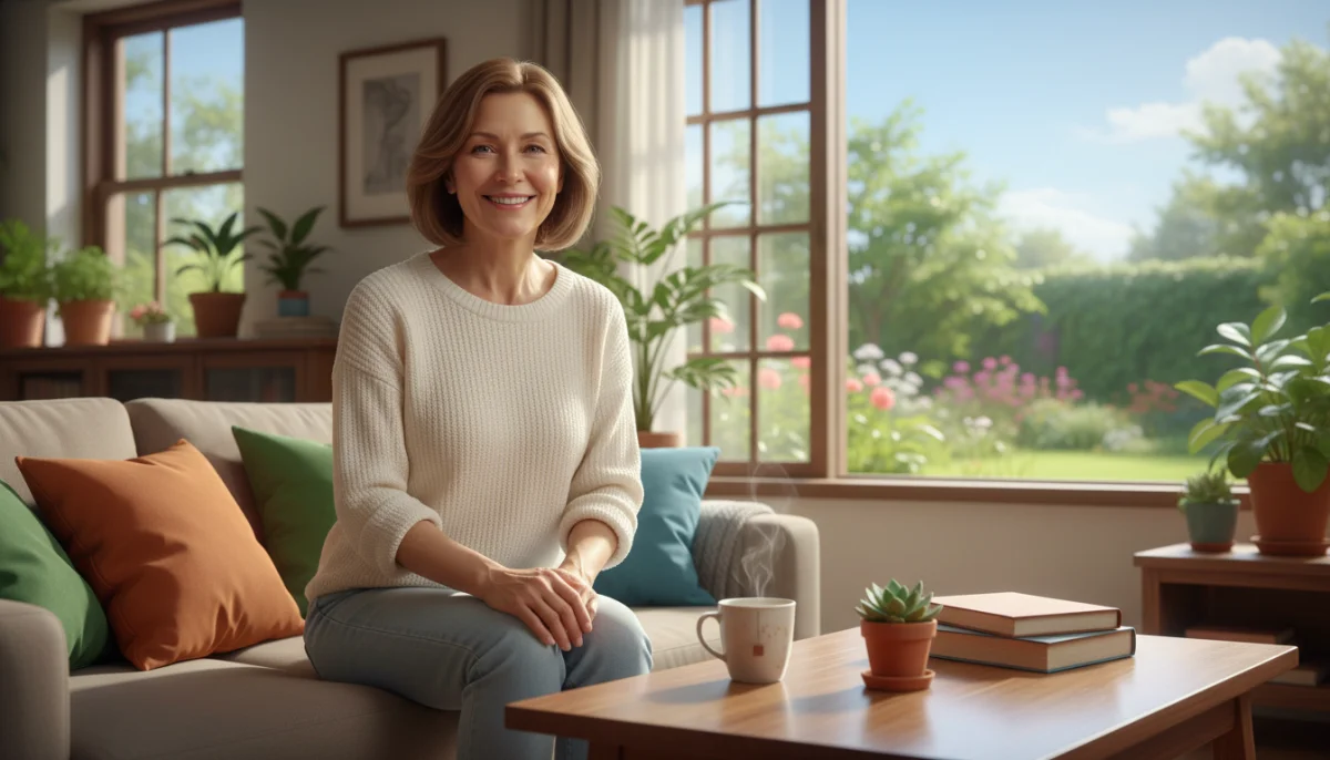 Femme souriante dans un salon lumineux envisageant sa retraite avec optimisme et sécurité financière.