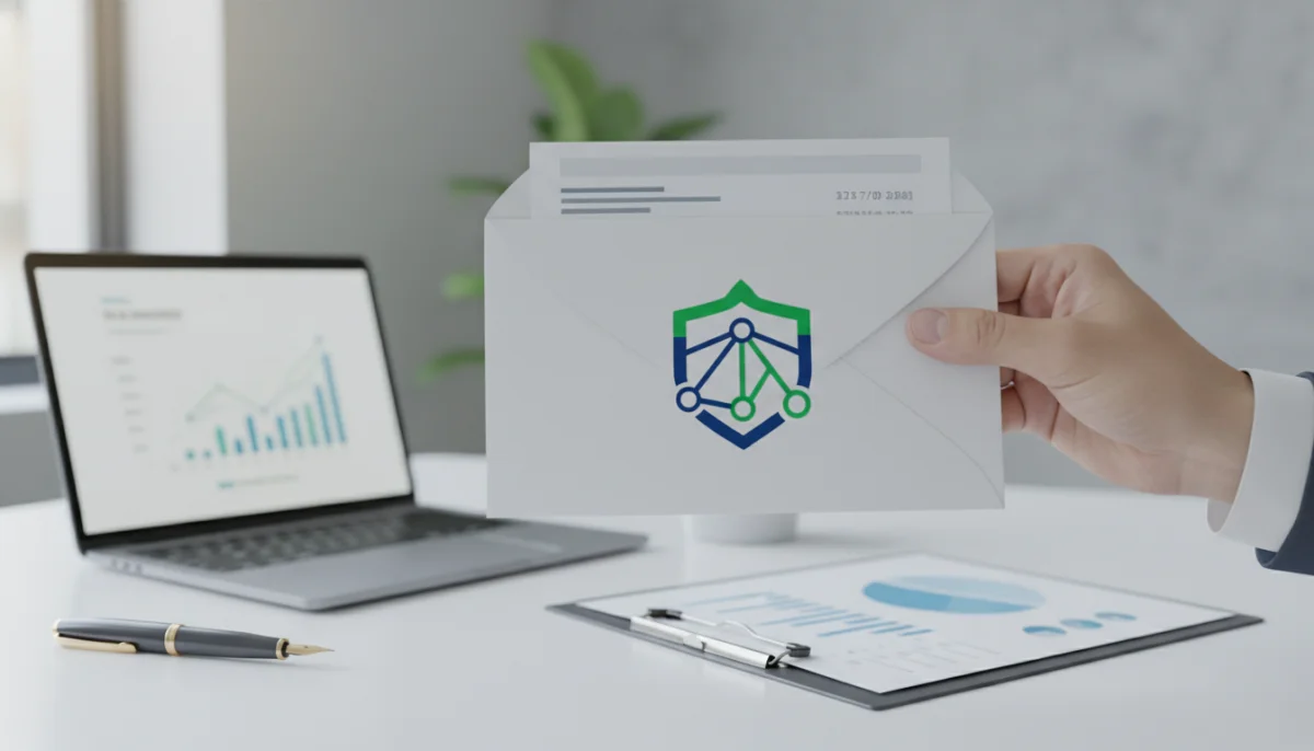 Main tenant une enveloppe avec logo financier, symbolisant un virement Adie rapide.