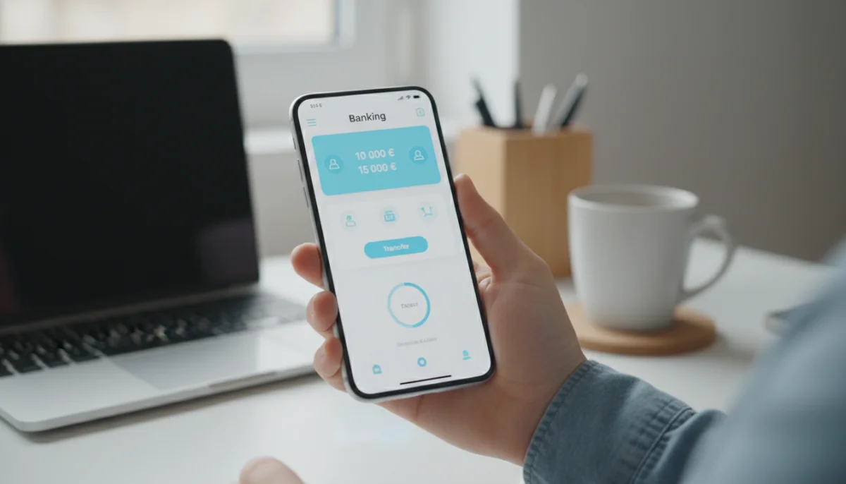 Main tenant smartphone affichant plafond virement Fortuneo et montants bancaires.