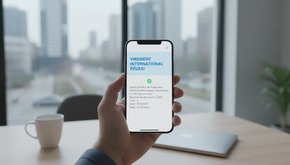 Smartphone affichant la confirmation d'un virement international réussi sur un bureau moderne.