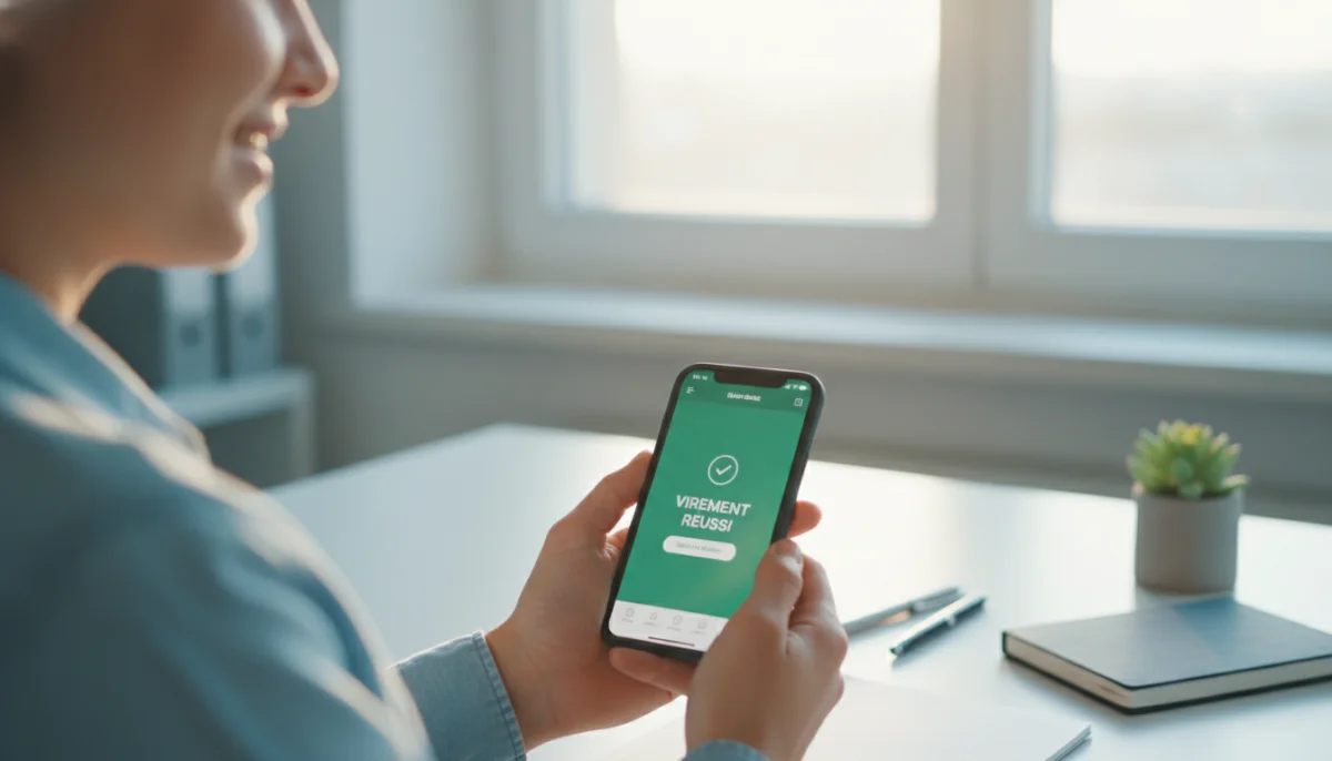 Personne satisfaite recevant une notification de virement ponctuel réussi sur son smartphone.