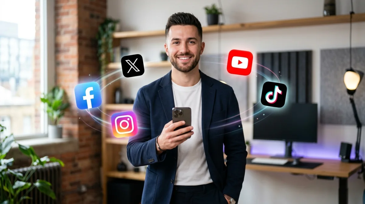 Créateur de contenu professionnel utilisant son smartphone dans un studio moderne, représentatif de notre agence influence marketing ValueYourNetwork.