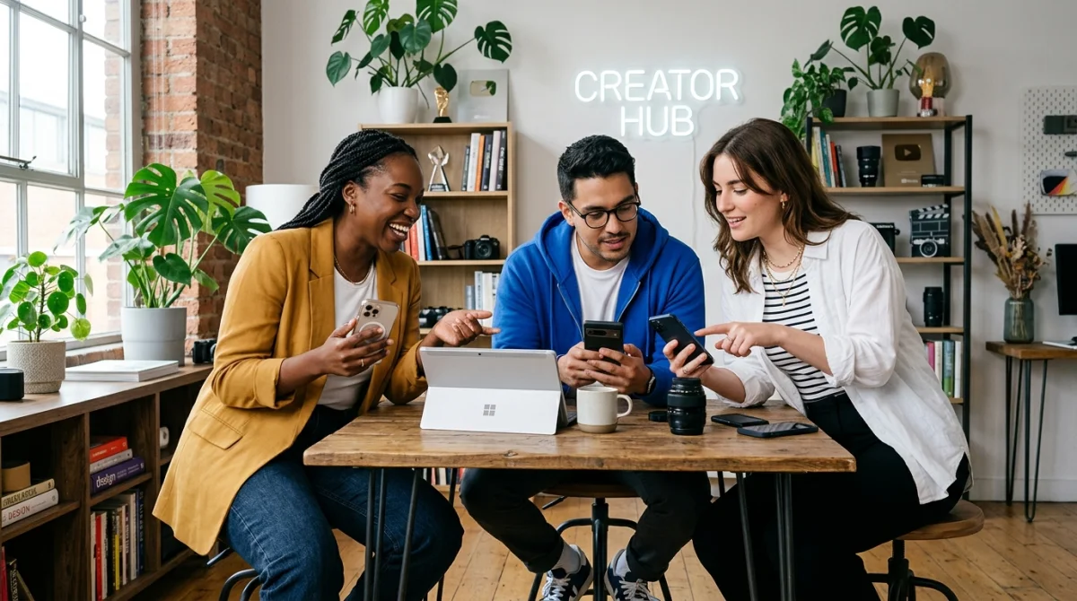Trois créateurs de contenu collaborent dans un studio moderne, illustrant l'expertise de l'agence influence marketing ValueYourNetwork.