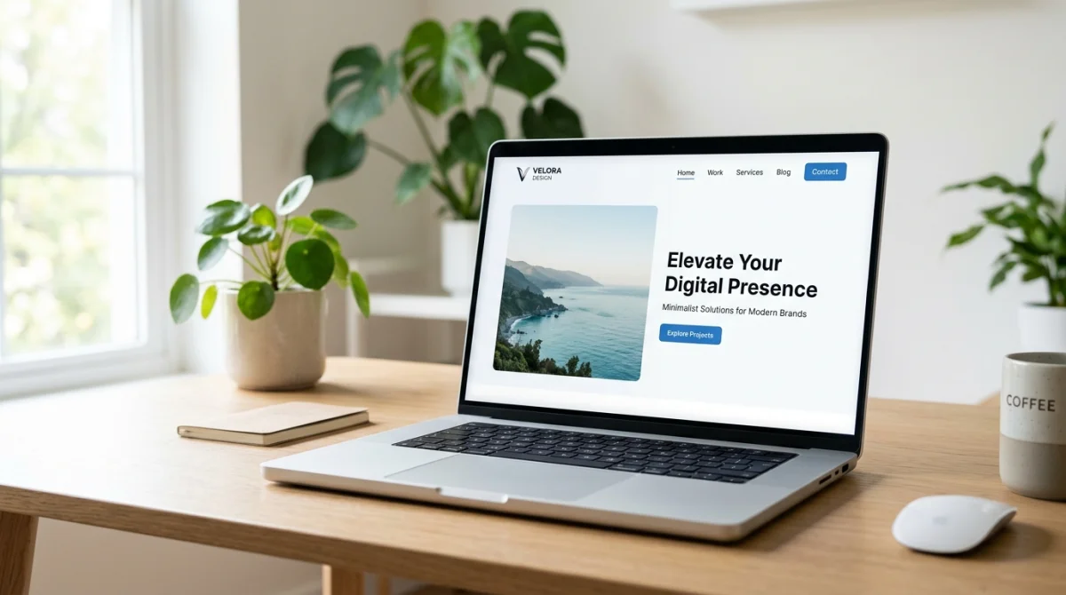 Ordinateur portable affichant une interface web professionnelle sur un bureau minimaliste pour l'agence web Dualmedia.