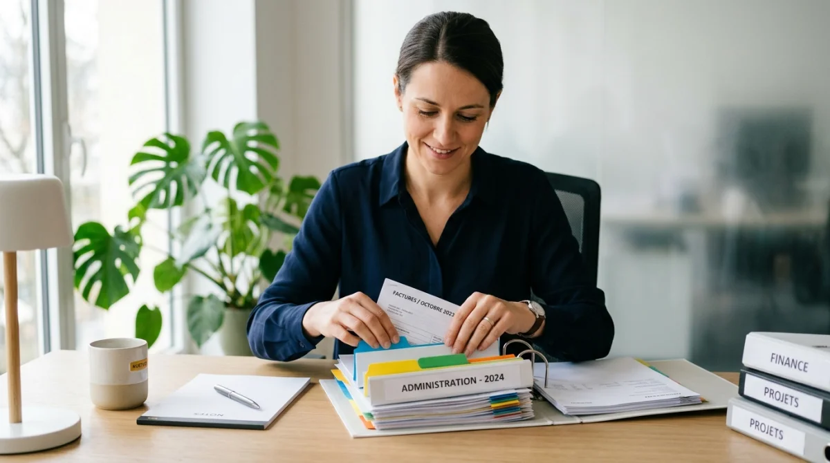 Employée de bureau organisant des documents administratifs pour optimiser une demande de complément de salaire CGOS.