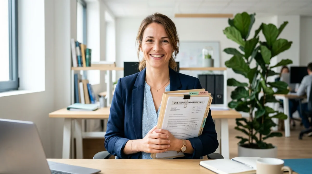 Employé souriant tenant des documents administratifs dans un bureau moderne pour comprendre le complément de salaire CGOS.