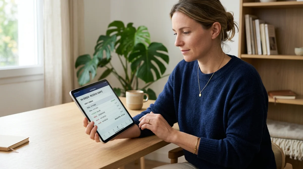 Personne consultant sereinement son relevé bancaire numérique sur tablette pour vérifier un prélèvement ASP dans un bureau moderne.