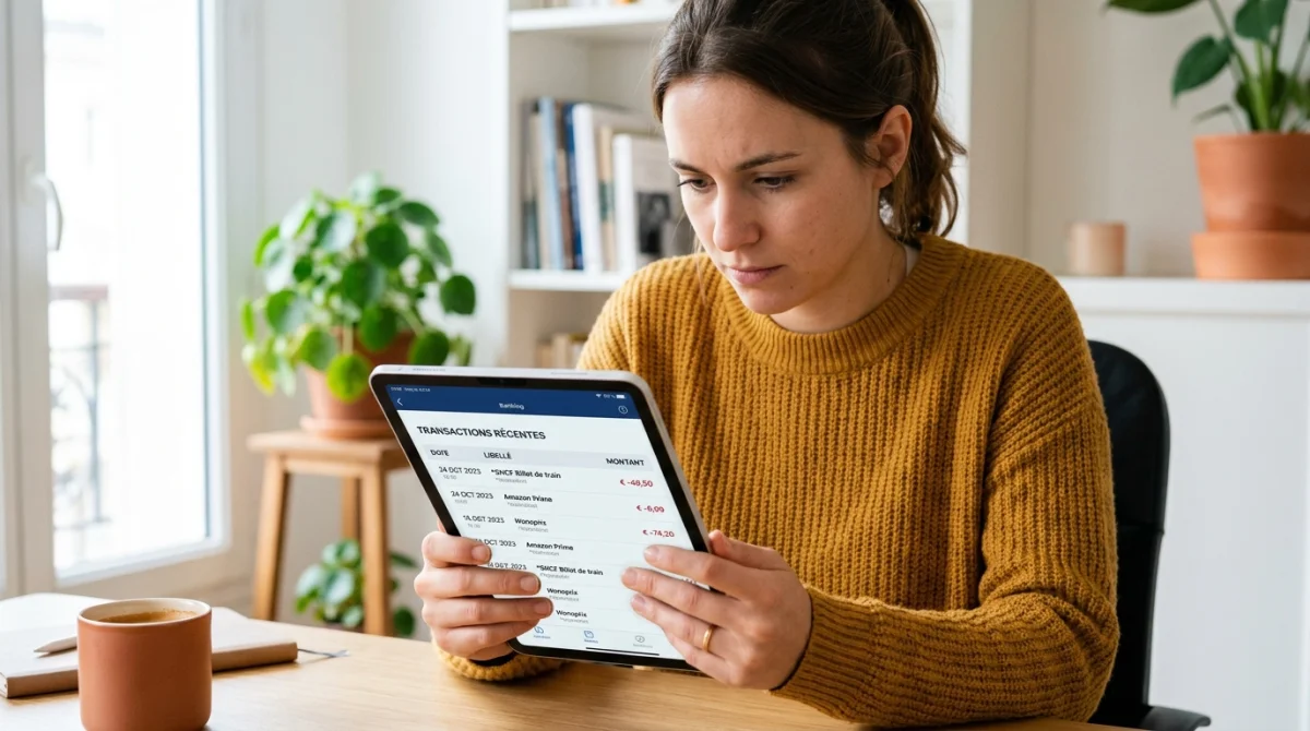 Personne consultant attentivement les détails d'un prélèvement ASP sur une tablette dans un bureau moderne et lumineux.