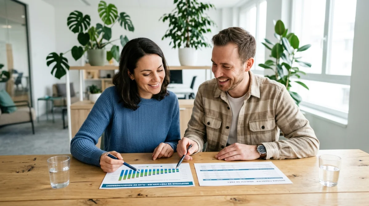 Couple souriant étudiant des documents financiers pour un projet immobilier afin de déterminer quel salaire pour emprunter 400 000 euros.