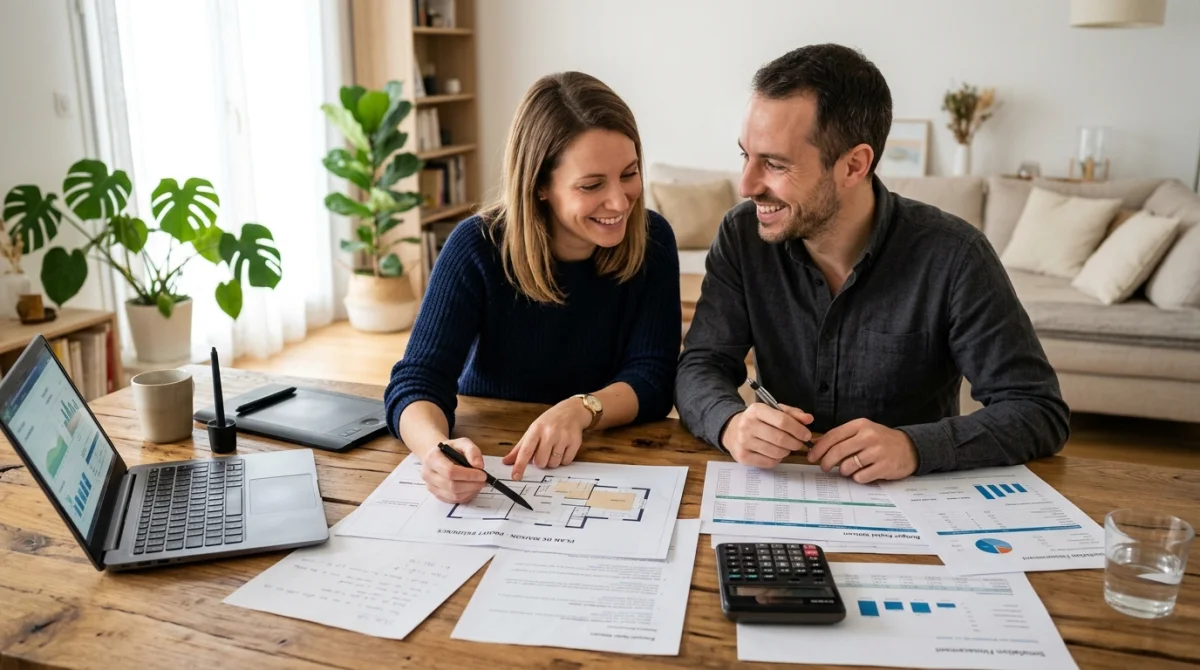 Couple souriant examinant des documents financiers et un plan de maison pour simuler un emprunt de 300 000 euros.