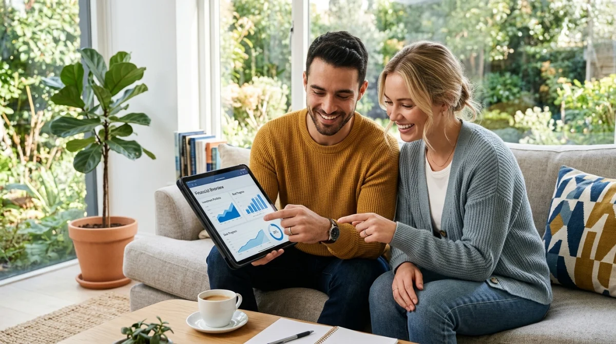 Jeune couple souriant consultant des documents financiers sur tablette pour préparer leur projet de prêt immobilier de 200 000 euros.