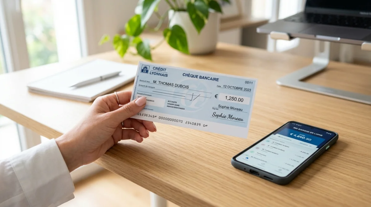 Main tenant un chèque bancaire près d'un smartphone pour illustrer combien de temps pour encaisser un chèque.