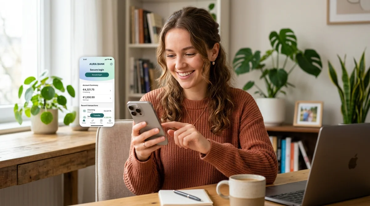 Personne souriante utilisant une application bancaire sur smartphone pour savoir combien de temps pour mettre en place un découvert.