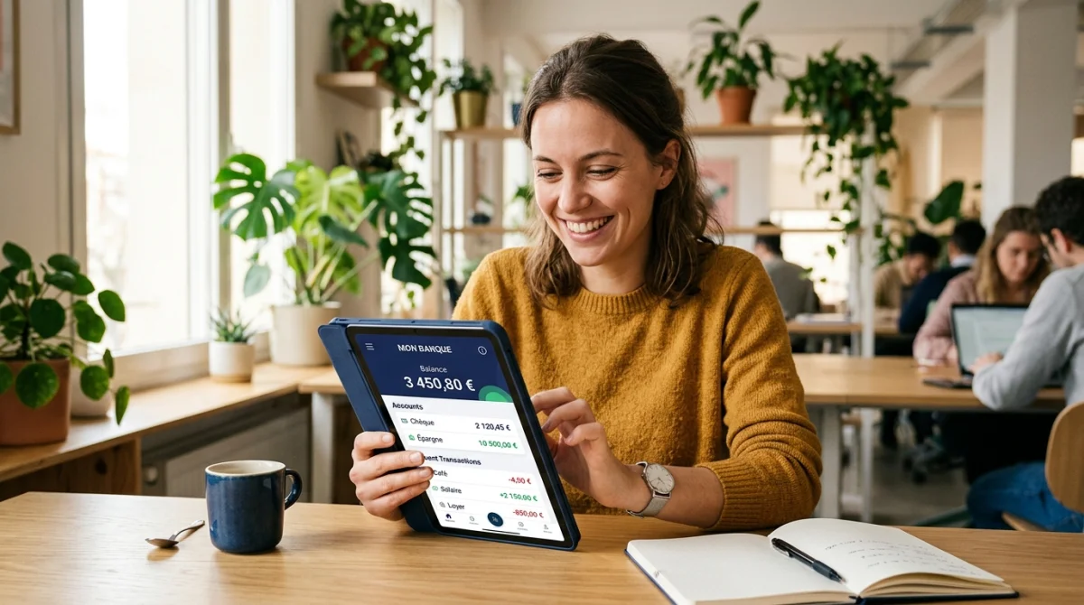Personne souriante consultant une application bancaire sur tablette pour vérifier combien de temps pour mettre en place un découvert.