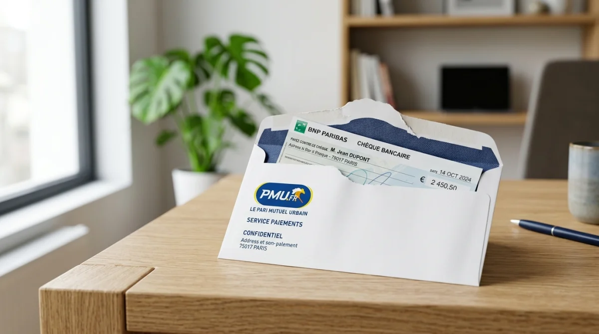 Enveloppe officielle PMU sur une table en bois contenant un chèque, illustrant les délais de réception des gains.