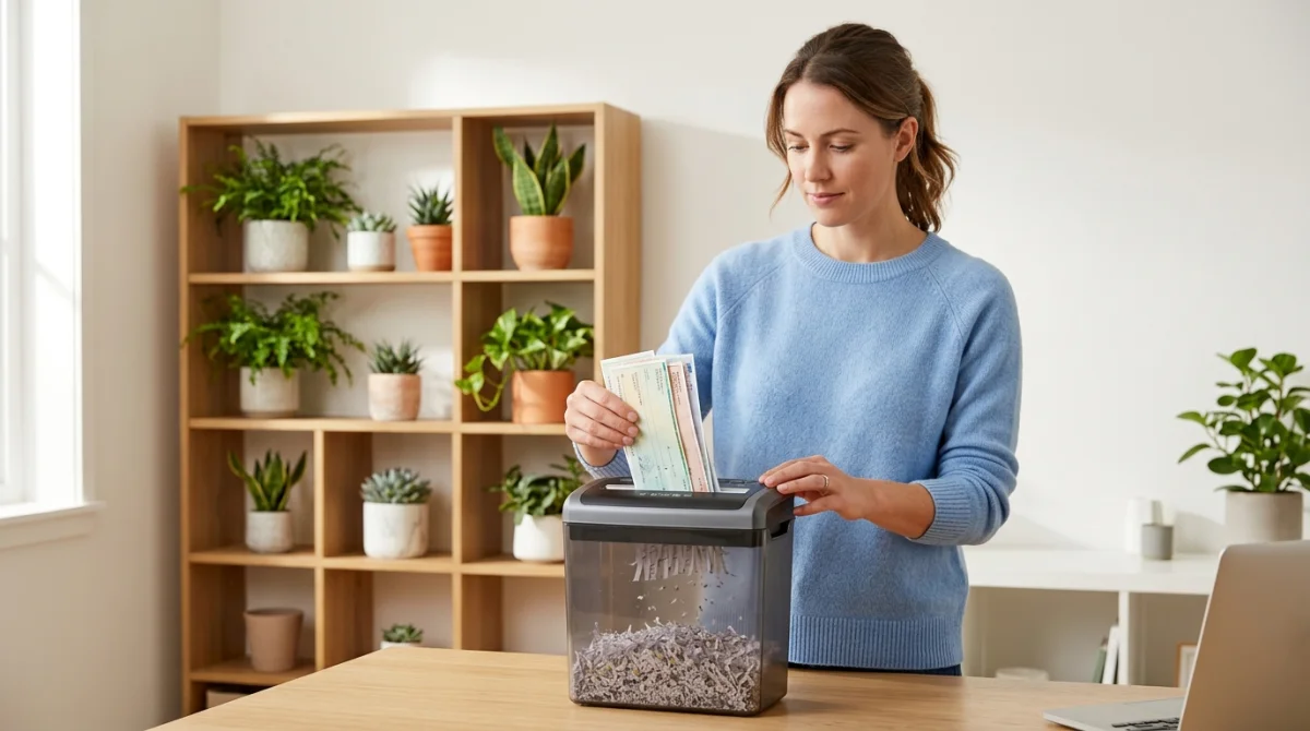 Personne utilisant un destructeur de documents pour trier ses talons de chèques dans un bureau moderne et organisé.