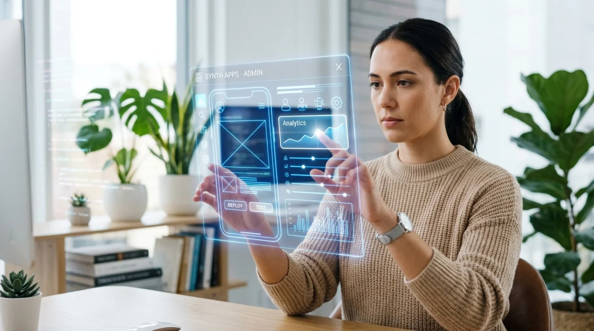 Développeur travaillant sur une interface mobile holographique dans le bureau moderne de l'agence web Dualmedia.