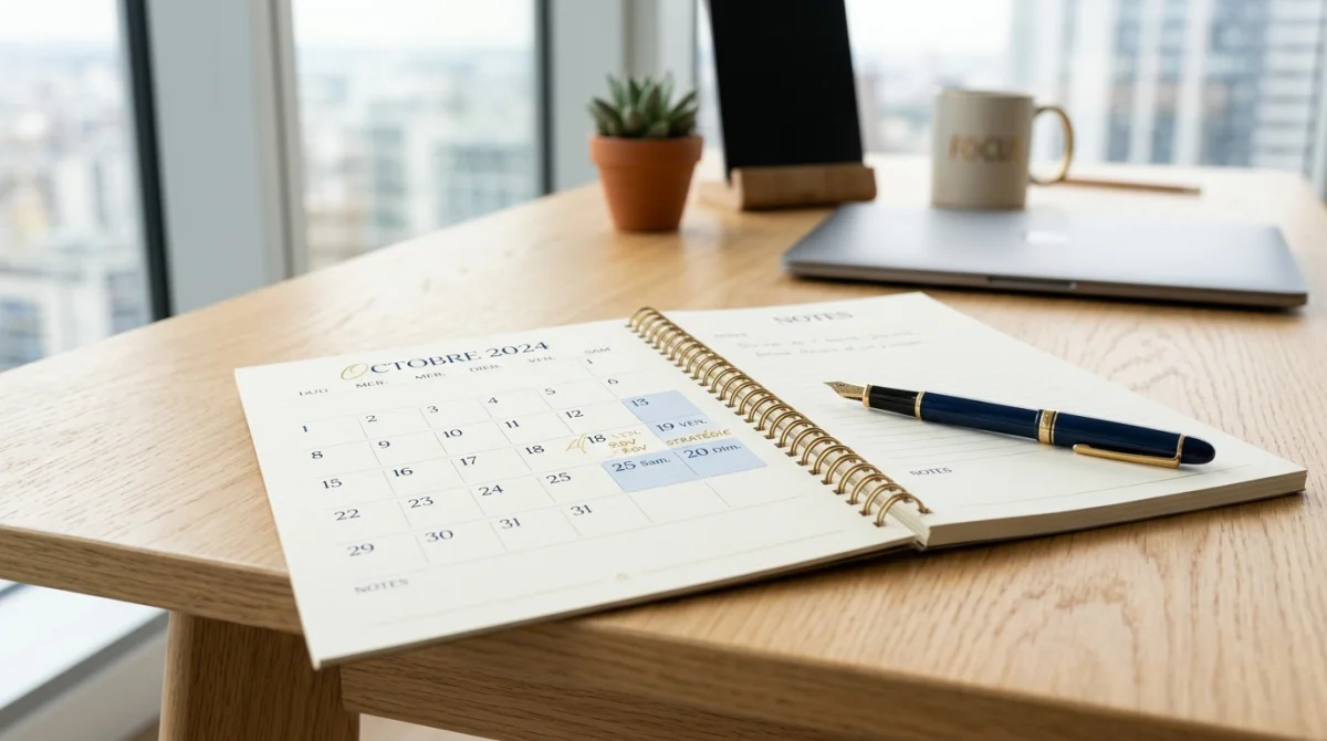 Calendrier posé sur un bureau moderne illustrant la durée d'une procédure de saisie sur salaire.