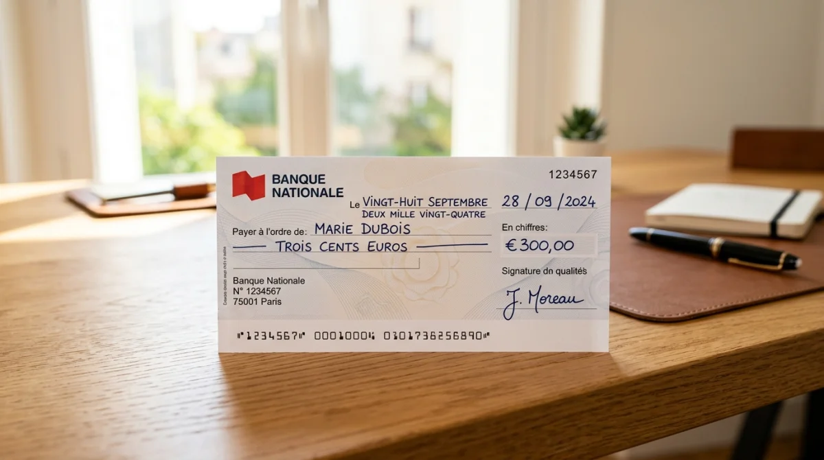 Chèque bancaire rempli posé sur un bureau en bois, mettant en évidence la date pour vérifier combien de temps est valable un chèque.