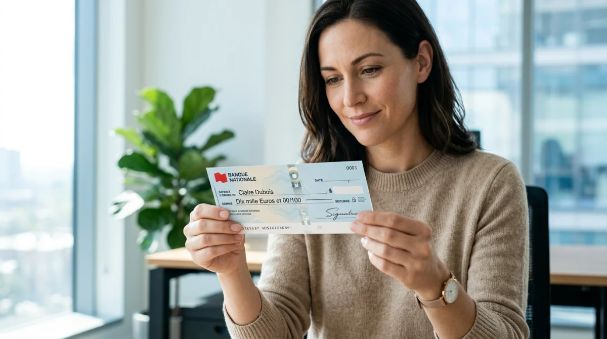 Une personne examine attentivement un chèque bancaire sécurisé dans un bureau lumineux pour vérifier sa durée de validité.