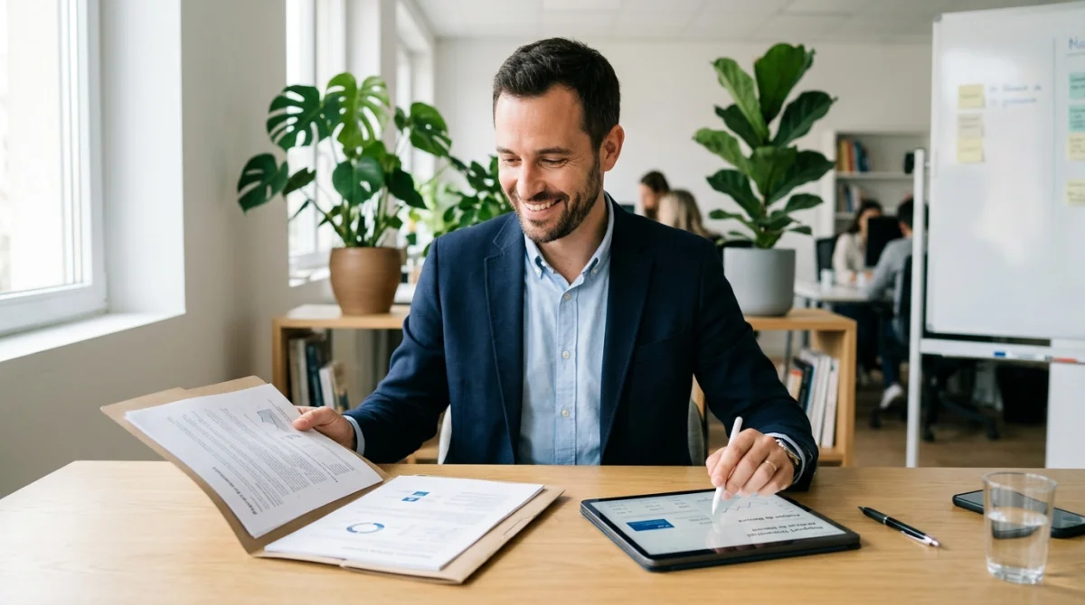 Entrepreneur confiant consultant ses documents professionnels et sa tablette dans un bureau moderne et lumineux.