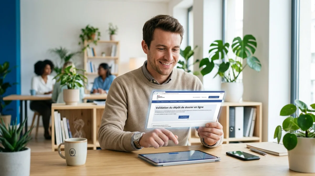 Entrepreneur souriant utilisant une tablette pour valider sa création d'entreprise en ligne dans un espace de coworking moderne.