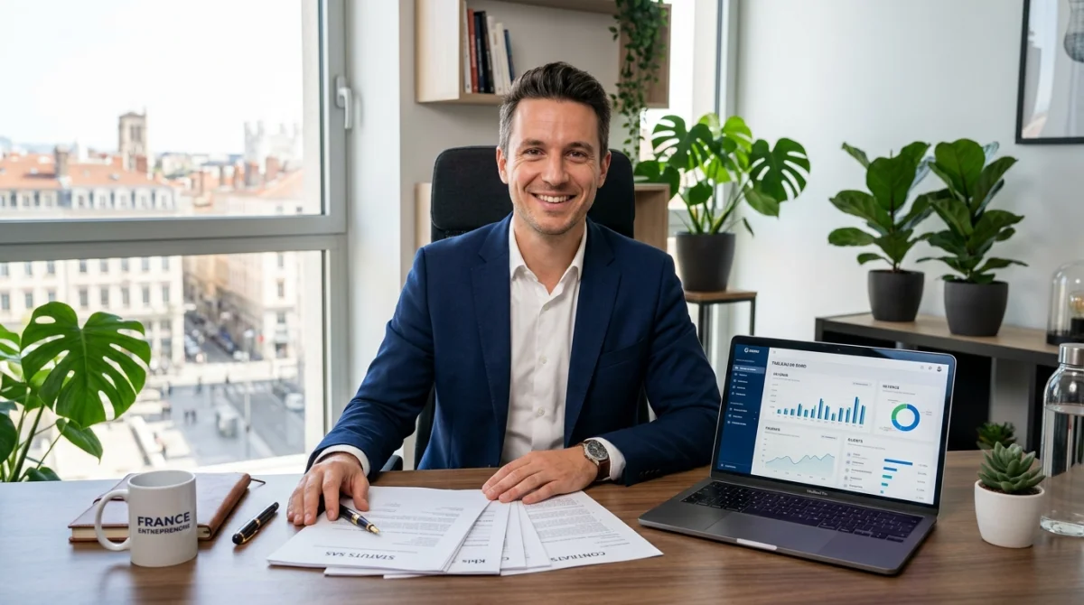 Entrepreneur confiant travaillant sur son ordinateur dans un bureau moderne pour la création d'entreprise en France.