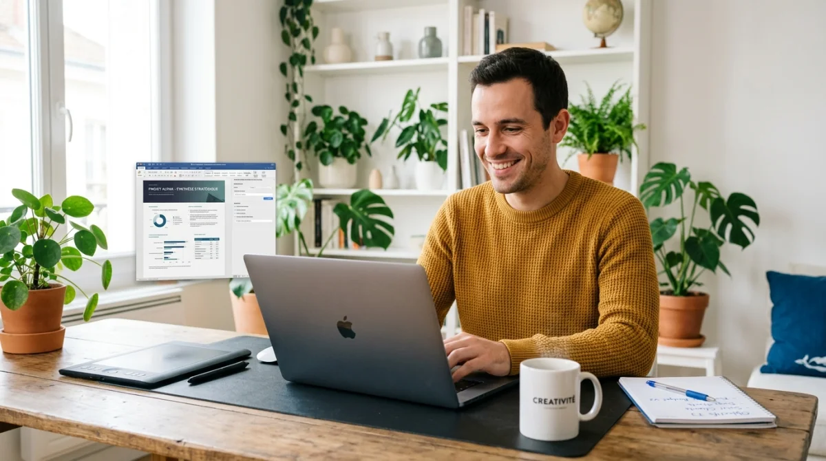 Entrepreneur souriant travaillant sur son ordinateur dans un bureau lumineux, illustrant les conseils du guide-entrepreneur.fr.