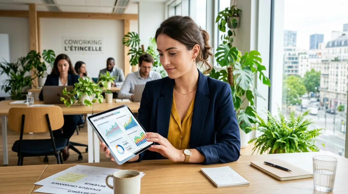 Jeune entrepreneure analysant des graphiques financiers sur tablette dans un espace de coworking moderne pour monde-business.fr.