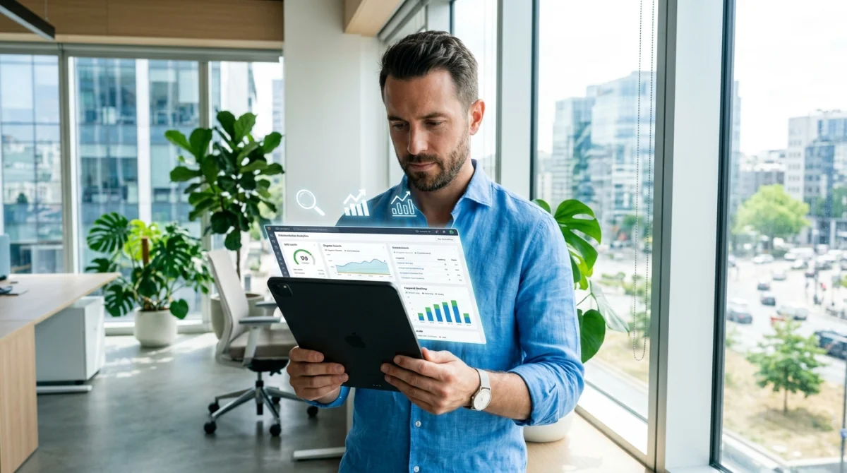 Expert en stratégie numérique analysant des données SEO et des performances web sur tablette dans un bureau moderne.
