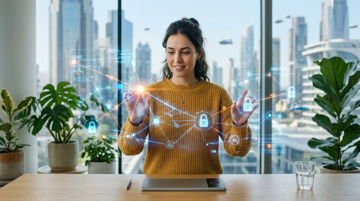Experte en technologie interagissant avec une interface holographique futuriste pour illustrer les dernières tendances hightech de notre webzine.