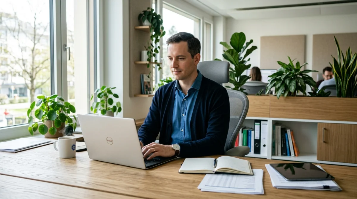 Fonctionnaire serein travaillant sur ordinateur dans un bureau moderne pour comprendre combien de temps la MGEN complète le salaire.