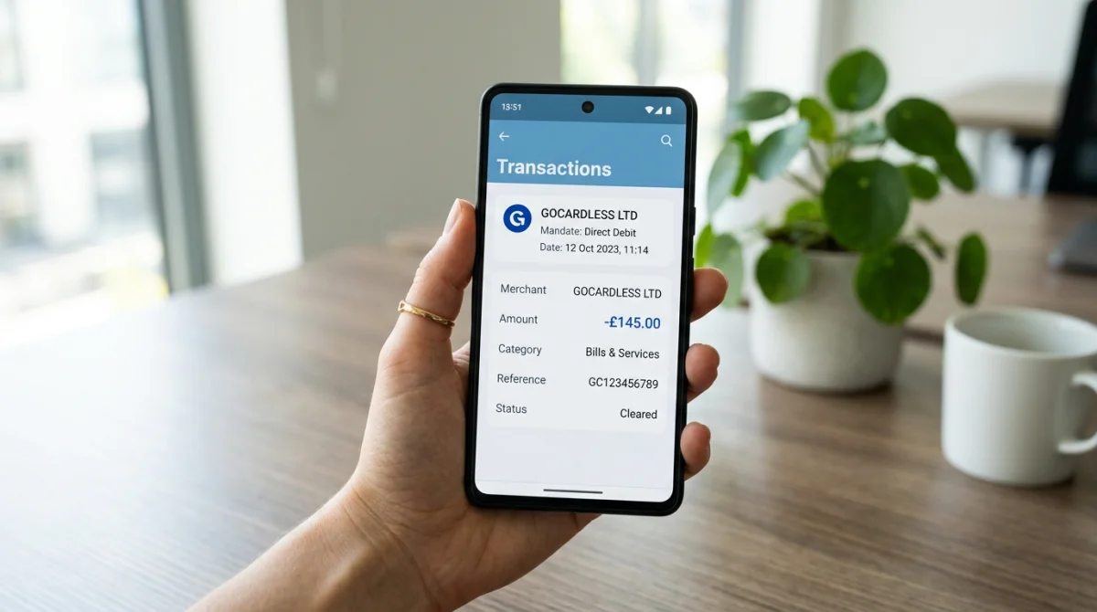 Main tenant un smartphone affichant une interface bancaire GoCardless sur un bureau moderne et lumineux.