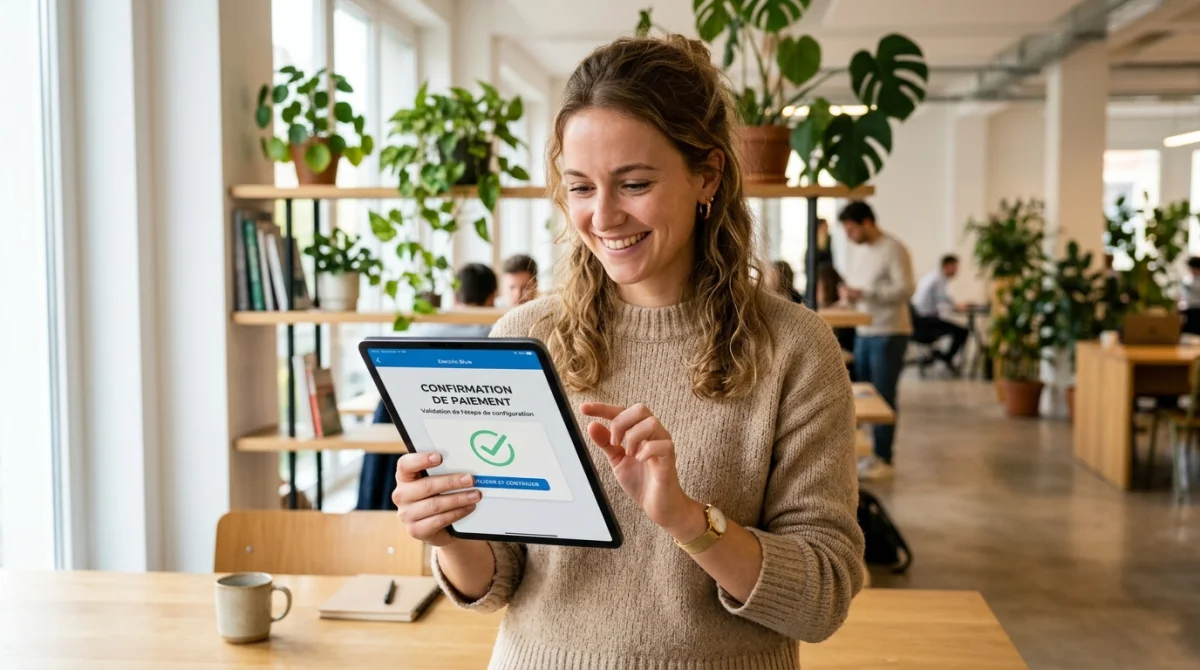 Entrepreneure souriante utilisant une tablette pour configurer facilement un prélèvement GoCardless dans un espace de travail moderne.