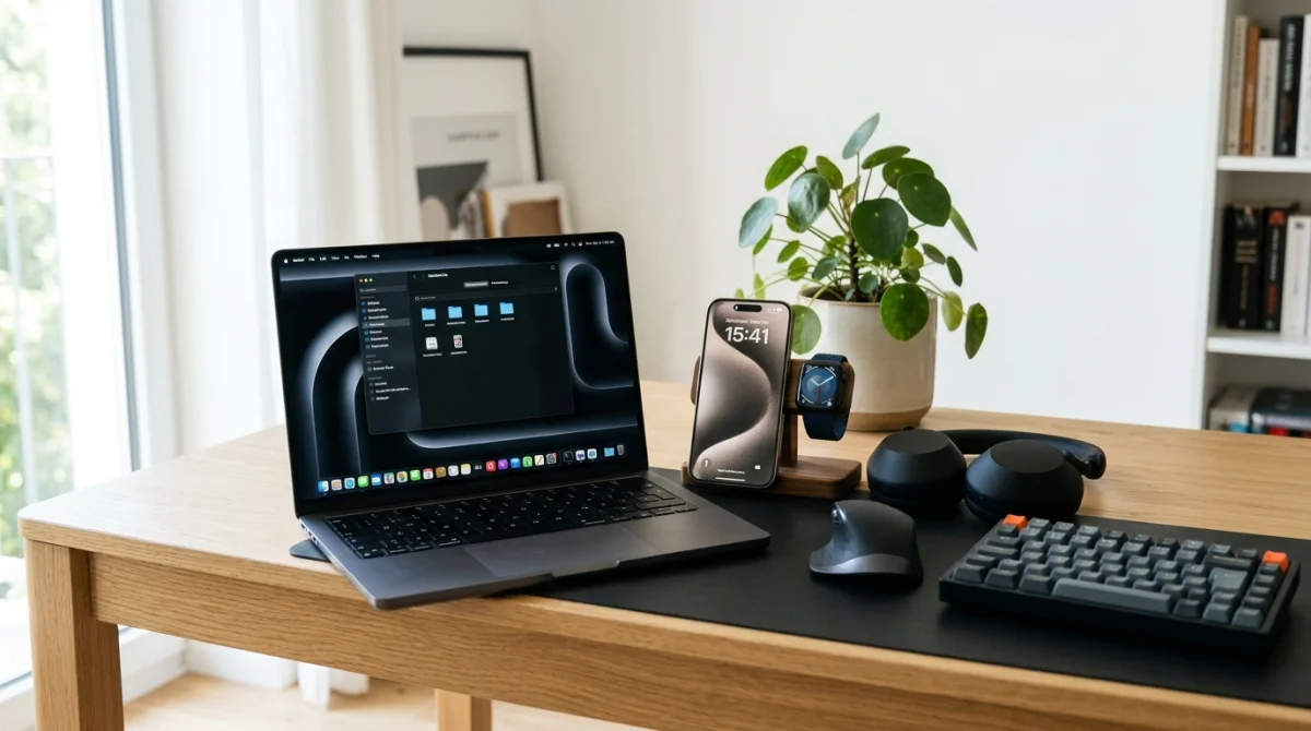 Assortiment de gadgets technologiques haut de gamme sur un bureau en bois pour une tendance hightech webzine.