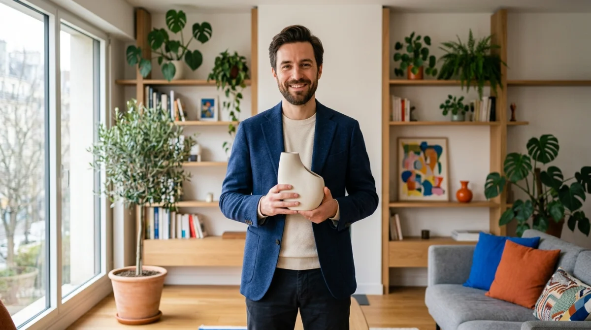 Homme élégant de 30 ans tenant un objet design en céramique dans un salon moderne, idée cadeau homme 30 ans.