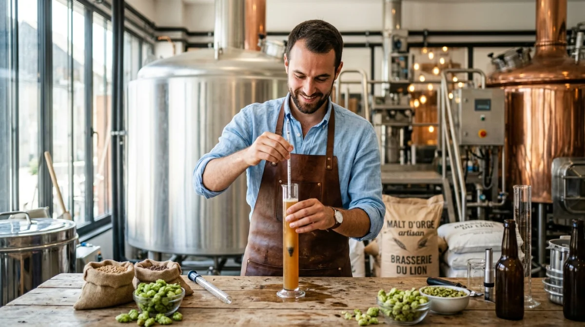 Homme de 30 ans passionné préparant une bière artisanale dans un atelier moderne, idée cadeau homme 30 ans.