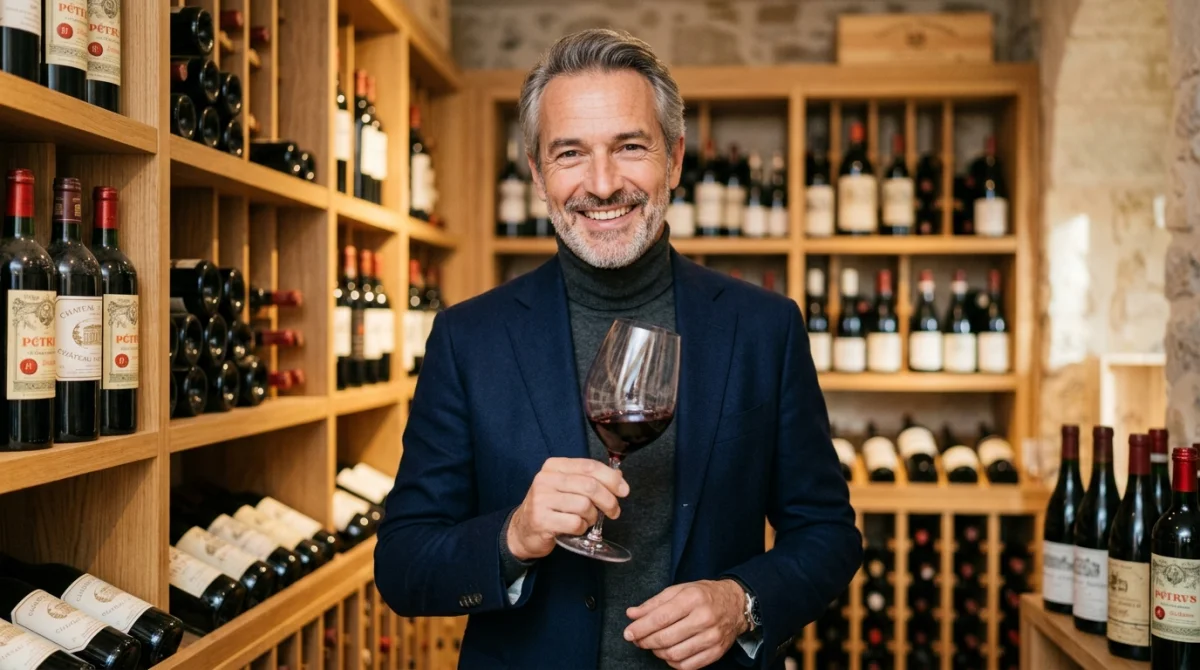 Homme élégant de 50 ans souriant, dégustant un vin rouge prestigieux dans une cave chaleureuse, idée cadeau homme 50 ans.