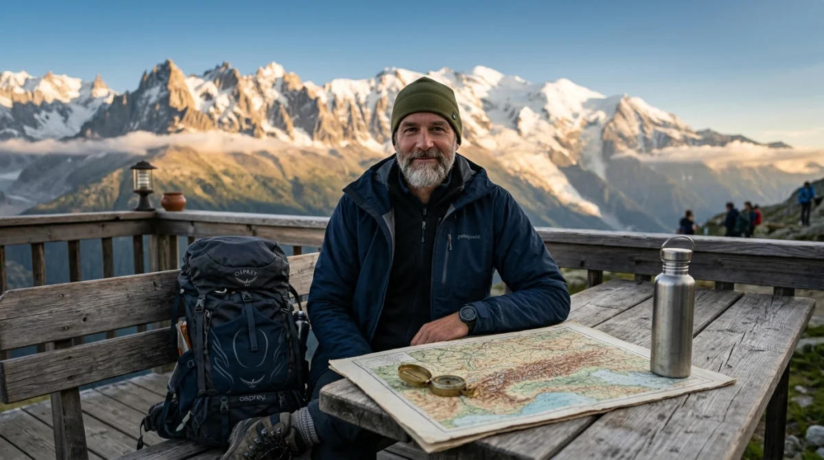 Homme barbu de 50 ans en tenue de randonnée préparant une aventure en montagne, idée cadeau homme 50 ans.