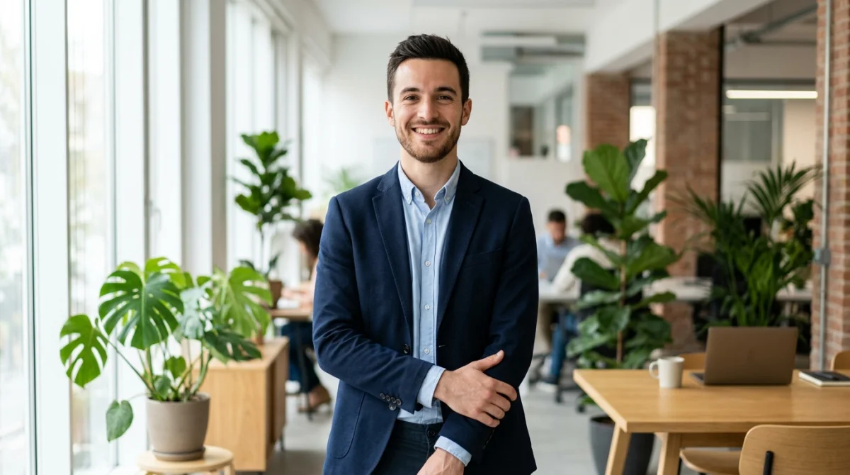 Jeune professionnel souriant en tenue business décontractée dans un bureau moderne et lumineux pour monde-business.fr.