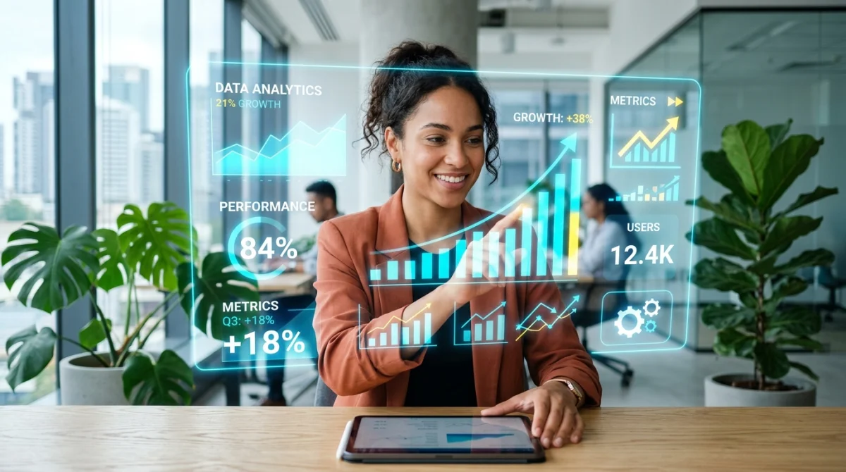 Jeune professionnelle analysant des données de croissance sur une interface holographique pour le site avenir-entreprise.fr.