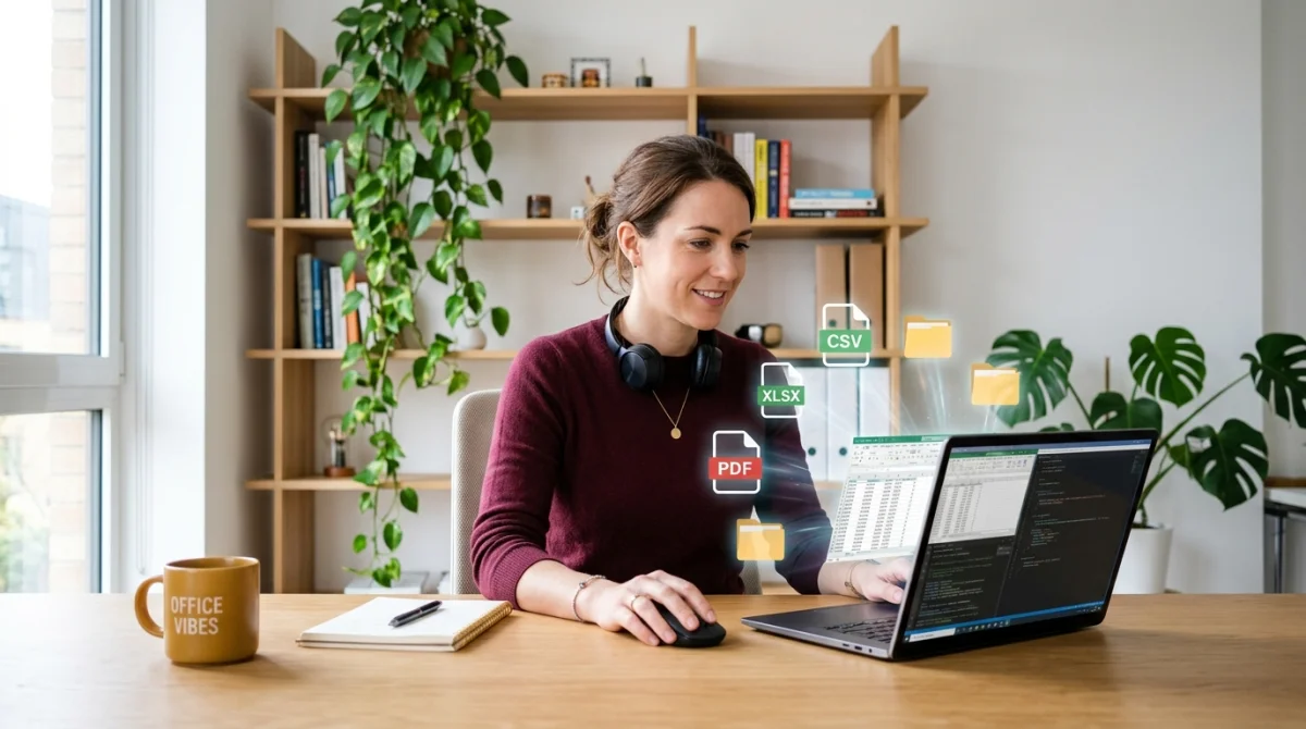 Professionnel travaillant sur ordinateur pour la liste des marques rezoactif.com avec des icônes de fichiers numériques.